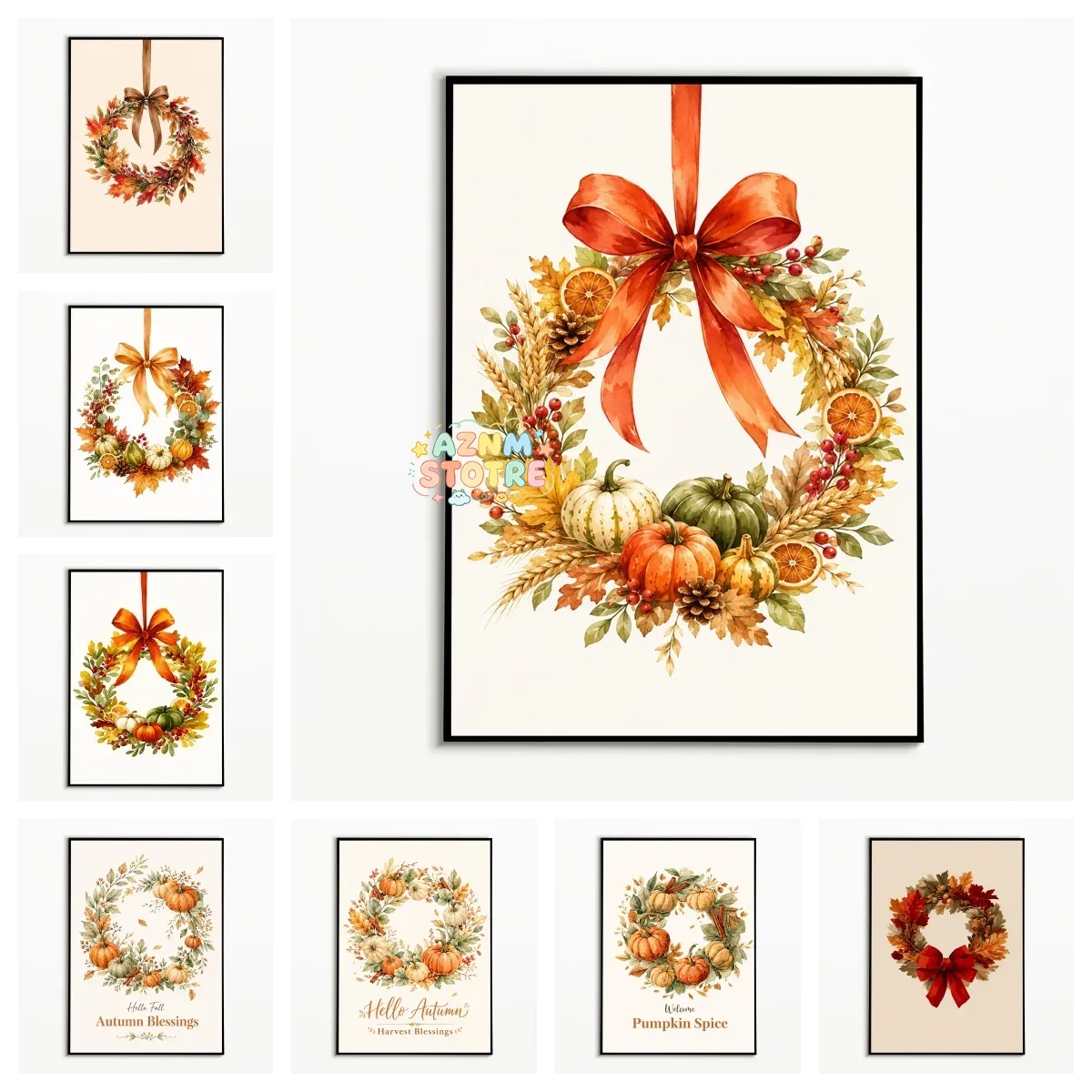 Ribbon Bow Gift - 1PC Autumn Pumpkin‑Maple Wreath Poster Thanksgiving